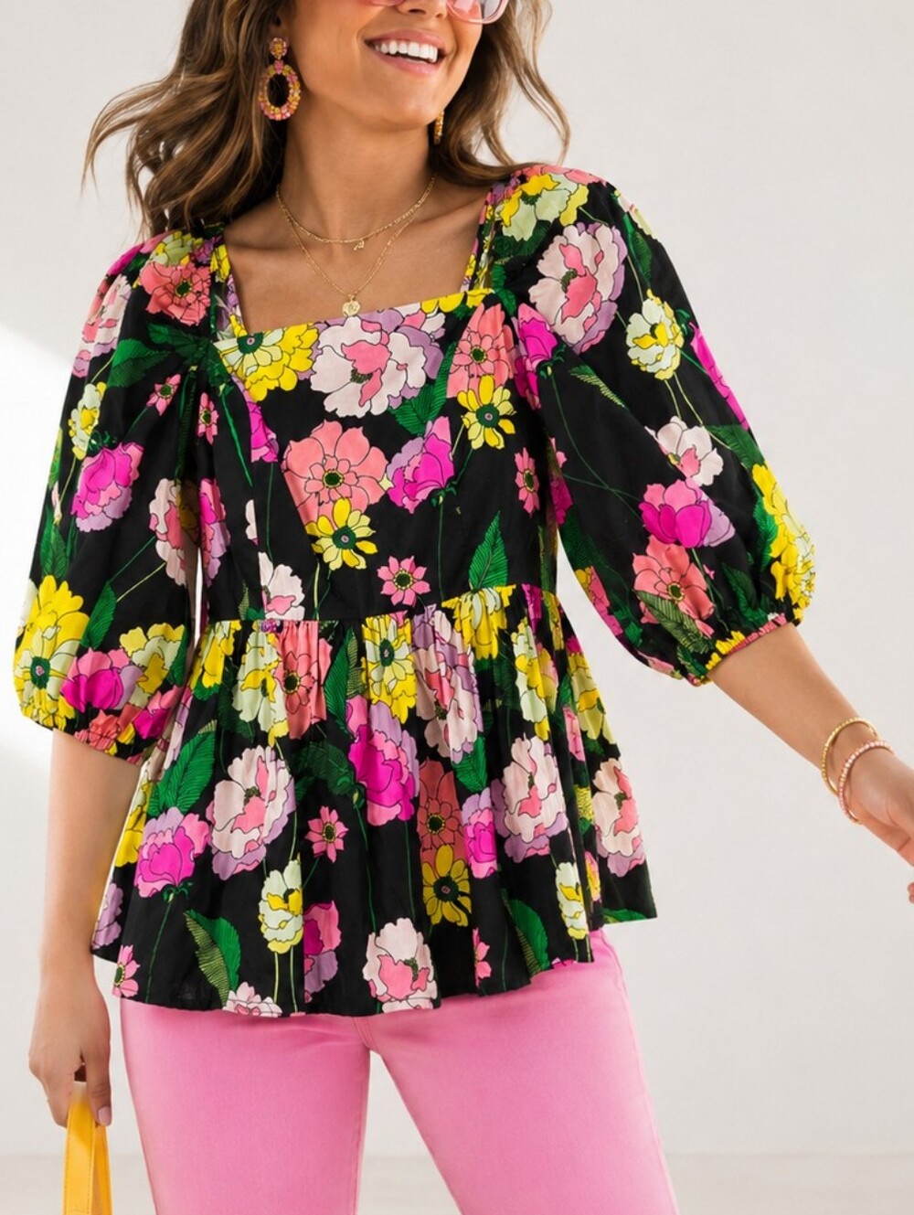Johnny Was Jade Top Puff Sleeve Colorful Floral Peplum Smocked Size Small
